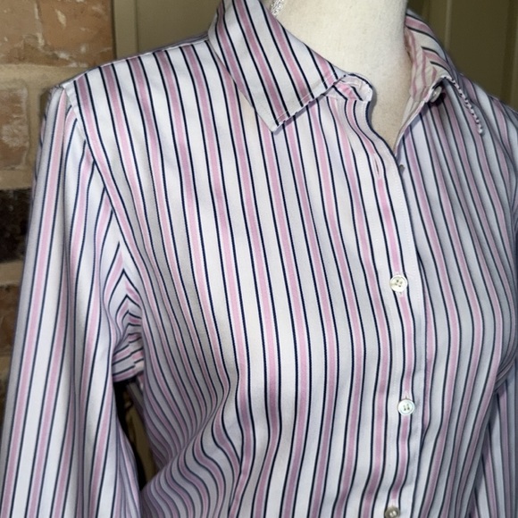 Talbots Perfect Shirt Pink Blue Preppy Stripe Fitted Button Up Shirt Non Iron 10 - Picture 6 of 16